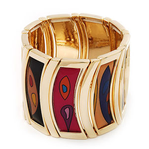 【送料無料】イタリアン　ブレスレット　パターンストレッチブレスレットampia pattern geometrico stretch bracciale in goldtone metallofino a 19cm lunghezza