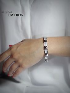 【貨物輸送無料】イタリアン 腕輪 カフシルバーステンレススチールリベットパールクリスタルbracciale argento acciaio inossidabile ouverable rivetti cristallo madreperla