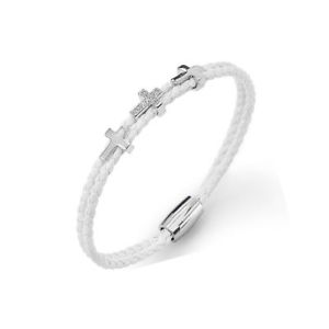 【貨物輸送無料】イタリアン 腕輪 ツイストアーメンブレスレットジルコンbracciale インチ pelle intrecciata bianco amen cr307b con 3 croci zirconate
