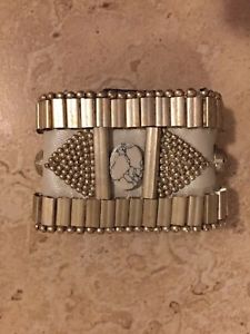 【送料無料】イタリアン　ブレスレット　ゴールドビーズシルバーカフブレスレットfiona paxton pelle bianca con perline oro e argento tono dichiarazione bracciale braccialetto