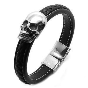 【送料無料】イタリアン　ブレスレット　レザーストラップブラックファッションステンレススチールスカルライダーcinturino in pelle nero intrecciato moda acciaio inossidabile teschio biker｜hokushin 14,985円