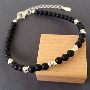 【送料無料】イタリアン　ブレスレット　カフマットブラックオニキススターリングシルバーフックzen bracciale naturale 4mm opaco onice nera argento sterling 925 gancetto｜hokushin