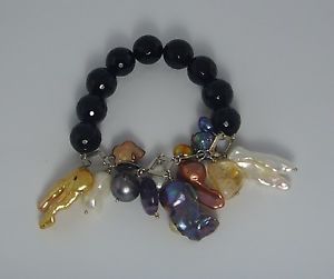 【送料無料】イタリアン ブレスレット カフオニキスチェーンシルバーbracciale donna onice nero e  perle di varie forme su catena argento