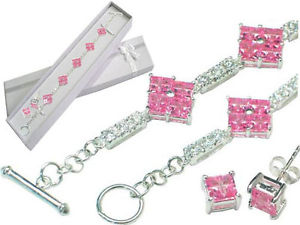 【送料無料】イタリアン　ブレスレット　スターリングシルバーピンクホワイトブレスレットイヤリングセットargento sterling rosa e bianco cz bracciale orecchini set