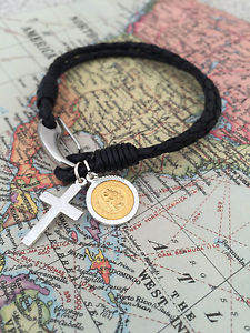 【送料無料】メンズブレスレット 9ct925クロスstクリストファー  9ct gold plated st christopher with 925 silver cross  personalised gift