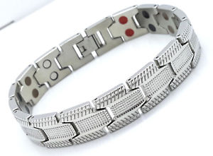 【送料無料】メンズブレスレット　メンズダブルローバイオブレスレットシルバーステンレススチールmens large double row bio magnetic bracelet stainless steel 5 in 1 silver