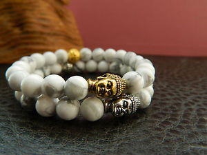 【送料無料】メンズブレスレット　メンズビーズブレスレットヒップホッププレゼントゴールドシルバーmens natural white howlite beaded buddha bracelethip hopgiftgoldsilver
