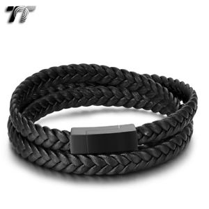 【送料無料】メンズブレスレット　トライローブラックレザースチールマグネットバックルブレスレット