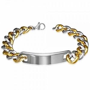 【送料無料】メンズブレスレット ゴールドシルバーステンレスプレートリンクブレスレットgold amp; silver curb link id bracelet in stainless steel identity plate|hokushin