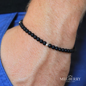 【送料無料】メンズブレスレット　megberryrmensブレスレット マットブラックシマメノウ925スターリング