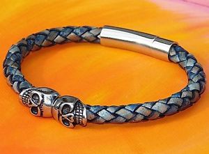 【送料無料】メンズブレスレット ライムステンレスtwin skull blue braided leather and stainless steel bracelet by lyme bay art|hokushin