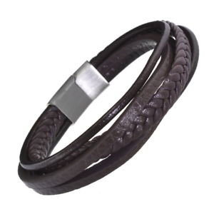 【送料無料】メンズブレスレット ステンレススチールコレクションダークブラウンレザーブレスレットマグネットstainless steel collection multistrand dark brown leather bracelet with magnet|hokushin