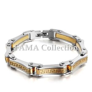 【送料無料】メンズブレスレット スタイリッシュファマトーンステンレススチールゴールドギリシャキーセンターブレスレットstylish fama 2tone stainless steel gold ip bracelet with greek key centre|hokushin