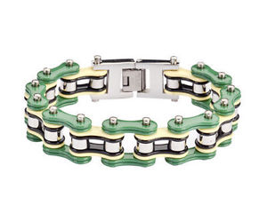 【送料無料】メンズブレスレット　ステンレスグリーンシルバーイエローバイクチェーンブレスレットアメリカmens stainless steel green silver yellow grey bike chain bracelet usa seller 14,386円