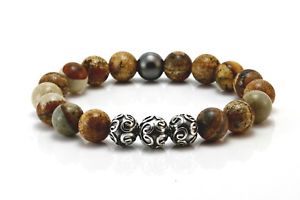 【送料無料】メンズブレスレット　メンズジャスパーシルバービーズストレッチmens picture jasper amp; silver beaded gemstone stretch braceletgift for him