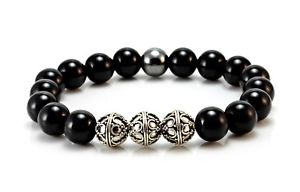送料無料 メンズブレスレット メンズオニキスシルバービーズストレッチmens Onyx Amp Silver Beaded Gemstone Stretch Braceletfathers Day Gift For Him Bla Org Bw