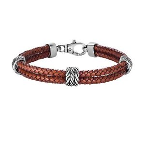 【送料無料】メンズブレスレット スターリングシルバーブラウンレザーブレスレットsterling silver and oxidized finish woven brown leather bracelet, 825|hokushin