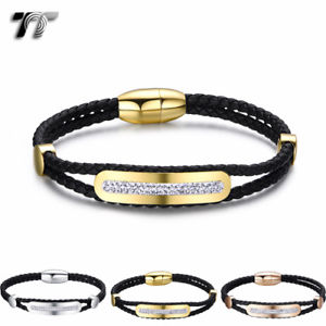メンズブレスレット ブラックレザースチールクリスタルブレスレットマグネットクリップ