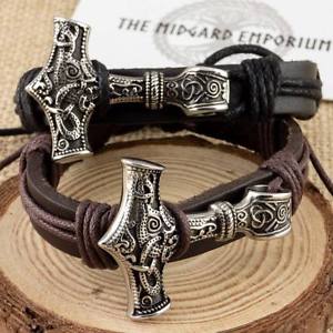 【送料無料】メンズブレスレット　トールハンマーステンレススチールペンダントブレスレットバイキングviking leather bracelet with thors hammer stainless steel mjolnir pendant