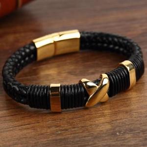 【送料無料】メンズブレスレット　ダブルレザーブレスレッツステンレス arrival trendy double braided leather bracelets men stainless steel gold fur｜hokushin 13,855円