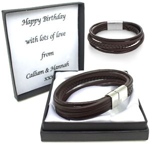 【送料無料】メンズブレスレット　メンズブラウンレザーマルチブレスレットクリスマススタンドmens brown leather multi stand bracelet engraved personalised christmas gifts