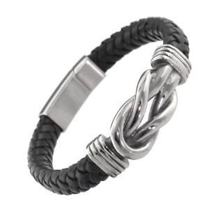 【送料無料】メンズブレスレット ステンレススチールコレクションレザーブレスレットシルバーノット|hokushin
