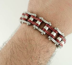 【貨物輸送無料】メンズ腕輪 ステンレスレッドシルバーバイクチェーンブレスレットアメリカmens stainless steel double link red silver bike chain bracelet usa seller ジュエリー・アクセサリー-メンズジュエリー・アクセサリー-ブレスレット