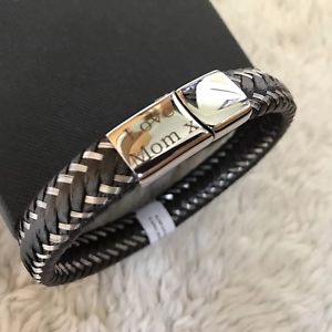 メンズブレスレット ブラウンステンレススチールメンズブレスレットボックスkeepsafe brown leather and stainless steel mens bracelet * with box