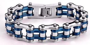 【送料無料】メンズブレスレット　ステンレスバイクチェーンブレスレットアメリカmens stainless steel double link silver blue bike chain bracelet usa seller