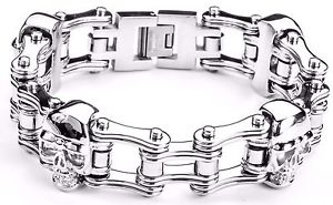 【貨物輸送無料】メンズ腕輪 ステンレスバイクチェーンブレスレットアメリカmens stainless steel double link skull silver bike chain bracelet usa seller ブレスレット-メンズジュエリー・アクセサリー