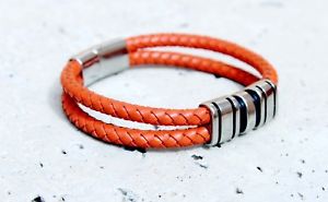 【送料無料】メンズブレスレット　オレンジスパイスアンプスチールブレスレットカスタマイズorange spice double layer leather amp; steel bracelet customisable