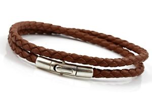 【送料無料】メンズブレスレット　ナッパレザースターリングシルバーブラウンbraided nappa leather amp; 925 sterling silver braceletdouble wrappedlight brown