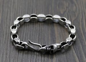 【送料無料】メンズブレスレット　ソリッドスターリングシルバーメンズスカルクラスプボックスチェーンカフブレスレットsolid 925 sterling silver mens skull clasp box chain cuff bracelet｜hokushin