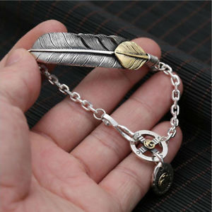 【送料無料】メンズブレスレット　スターリングシルバーイーグルフェザーチェーンリンククロスチャームブレスレット 925 sterling silver gilded eagle feather chain link cross charm bracelet｜hokushin