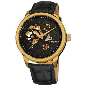 【送料無料】腕時計　ゴールドトーンスケルトンレザーストラップウォッチ mens akribos xxiv ak538yg goldtone automatic skeleton leather strap watch｜hokushin