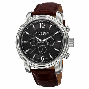 【送料無料】腕時計　シルバートーンスイスクオーツmens akribos xxiv ak734ssbr silvertone swiss quartz genuine brown leather watch｜hokushin