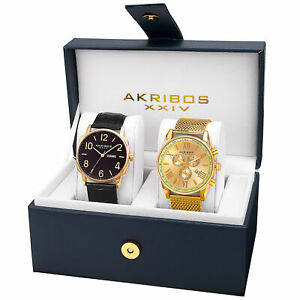 【送料無料】腕時計　ゴールドトーンメッシュブレスレットレザーストラップウォッチポイント mens akribos xxiv ak885yg goldtone mesh bracelet amp; leather strap watch set