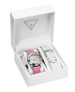 【送料無料】腕時計　スワロフスキークリスタルシルバーレディピンクホワイトレザーストラップ guess swarovski crystal ss silver lady watch pink white leather strap date