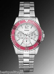 【貨物輸送無料】ウオッチ クロノグラフシルバーストーンステンレススチールピンクベゼルウォッチ guess chronograph silver tone stainless steel pink bezel watchu10598l2