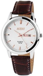 【送料無料】腕時計　アクセントホワイトブラウンローズゴールドアナログレザー×akzent herrenuhr wei braun rosgold datum amp; tag analog leder x2900016001