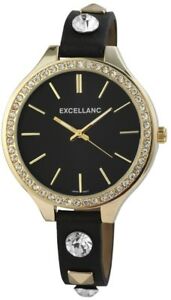 【送料無料】腕時計　レディースブラックローズゴールドラインストーンアナログクォーツレザー×excellanc damenuhr schwarz rosgold strass analog quarz leder x199101000001