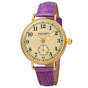 【送料無料】腕時計　クォーツゴールドトーンパープルレザーストラップウォッチwomens akribos xxiv ak828pu quartz goldtone bright purple leather strap watch