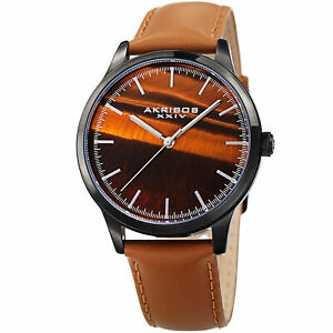 【送料無料】腕時計　ストラップタイガーアイmens akribos xxiv ak937tn genuine brown tiger eye stone leather strap watch