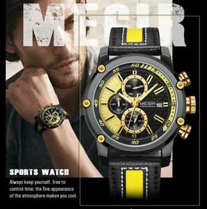 【送料無料】腕時計　レザーストラップクロノグラフメンズスポーツビジネスファッションmens megir watch leather strap chronograph sports business fashion waterproof uk｜hokushin