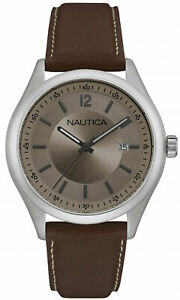 【送料無料】腕時計　メンズアナログラウンドスチールブラウンレザーウォッチストラップ nautica mens analog round steel watch brown leather strap nad11013g