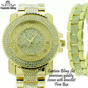 【送料無料】腕時計　メンズキャプテン＃セットウォッチmens iced out watch by ice nation captain bling watch set 21 full of ice gld
