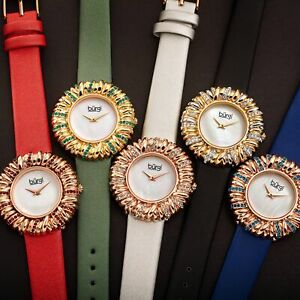 【送料無料】腕時計　バールレザーストラップクリスタルフラワーサテンベゼルwomens burgi bur255 crystal flower brass bezel satin on leather strap watch｜hokushin