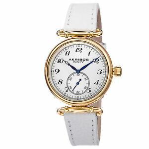 【送料無料】腕時計 ゴールドトーンスイスクォーツレザーストラップウォッチ womens akribos xxiv ak704wt goldtone swiss quartz leather strap watch|hokushin