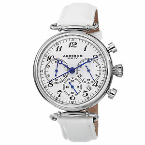 【送料無料】腕時計　 womens akribos xxiv ak630ssw quartz chronograph white leather strap watch｜hokushin 18,886円
