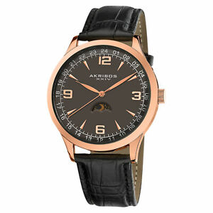 【送料無料】腕時計 メンズスイスクオーツムーンフェイズレザーウォッチmens akribos xxiv ak637rg swiss quartz moon phase leather watch|hokushin